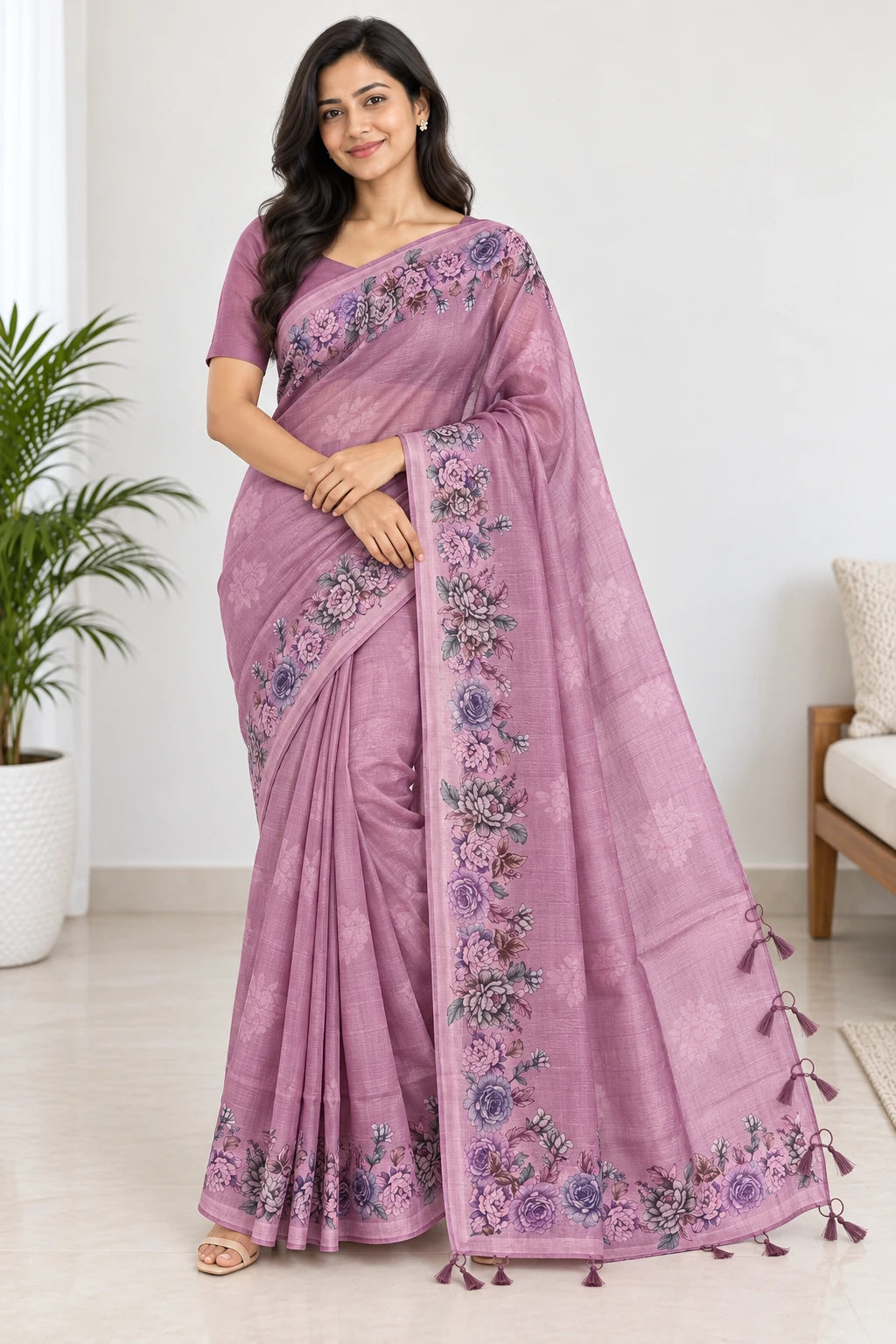 Bhargavi — Mauve Rose Border Saree, model-worn styling photograph