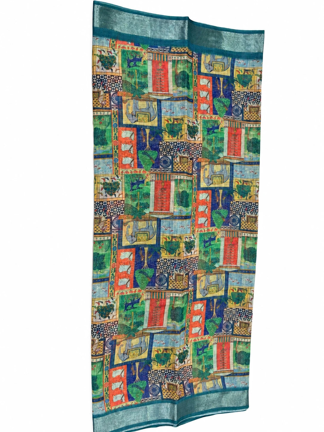 Charita — Teal Elephant Patchwork Saree, retouched garment view on a clean background