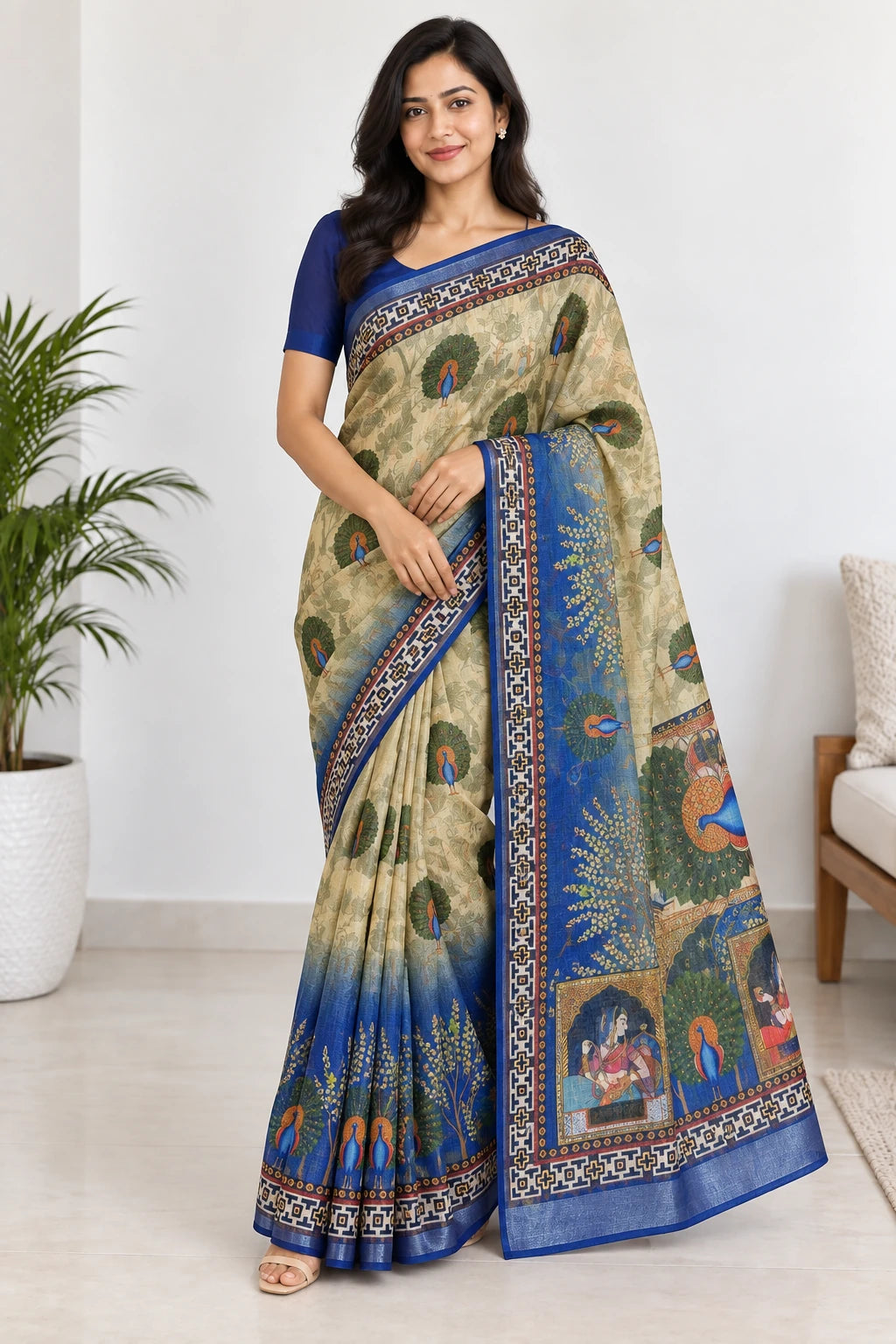 Dhatri — Gold Blue Peacock Saree, model-worn styling photograph