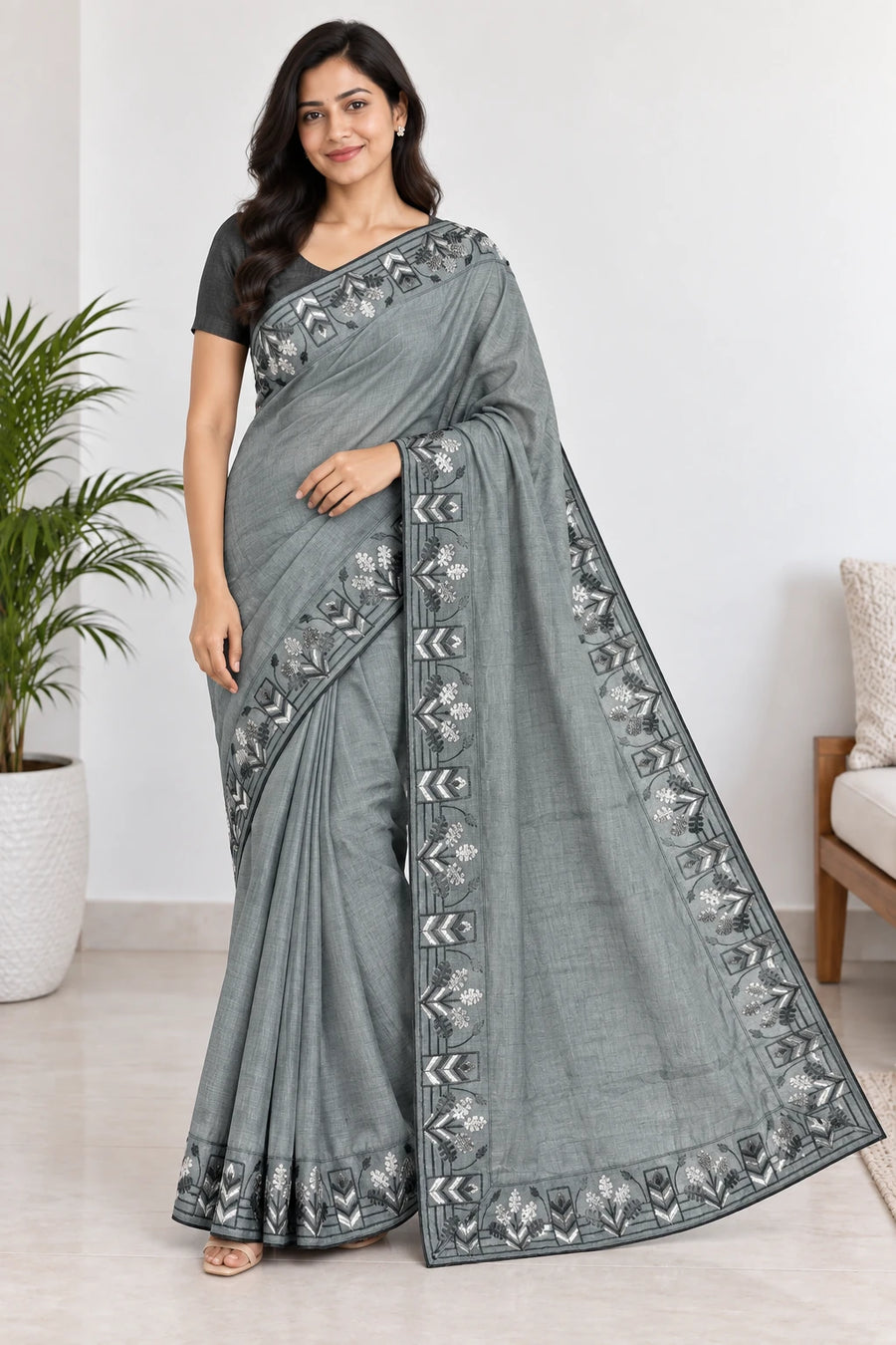 Eshani — Grey Black Leaf Border Saree