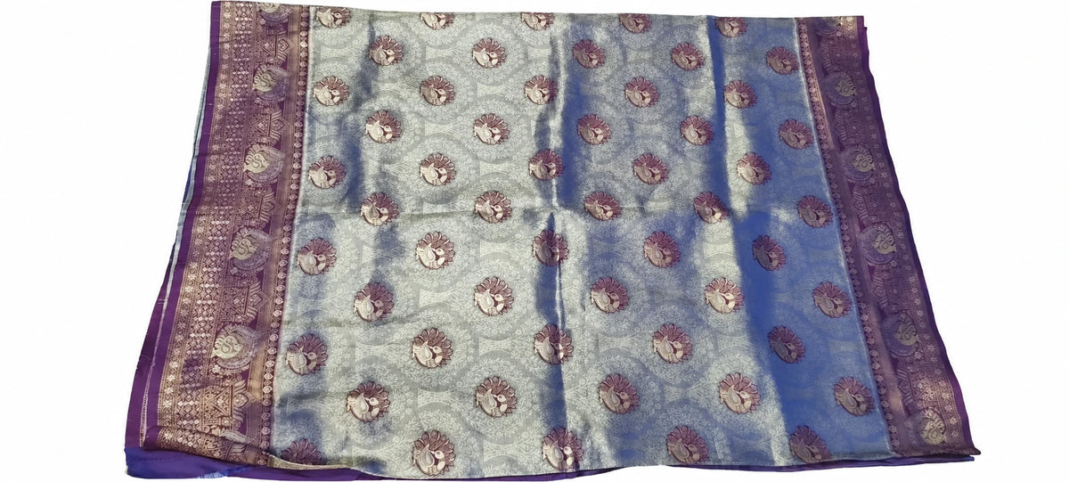 Gaurika — Silver Violet Medallion Saree, retouched garment view on a clean background