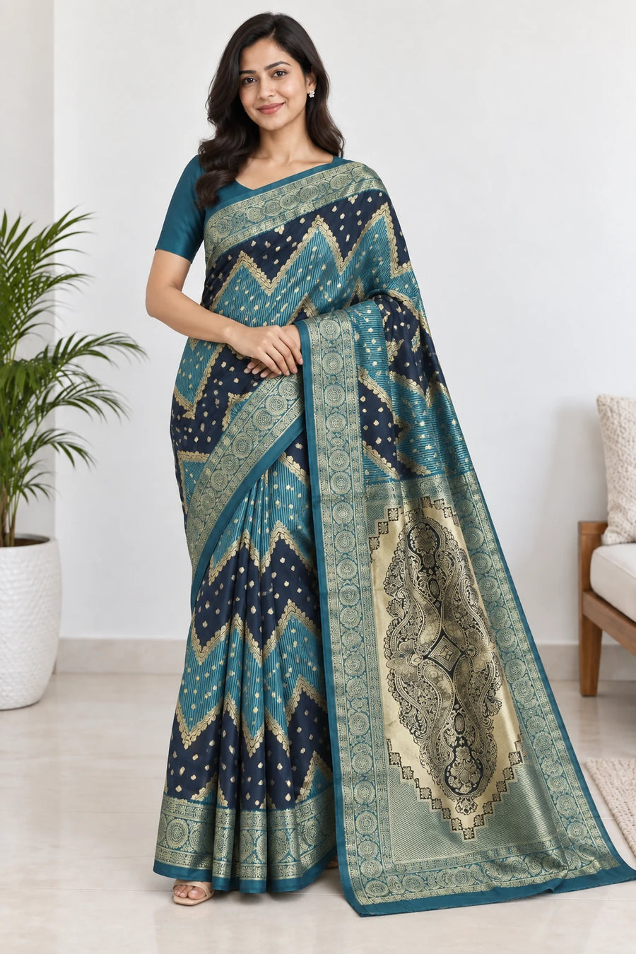 Indira — Teal Navy Chevron Saree