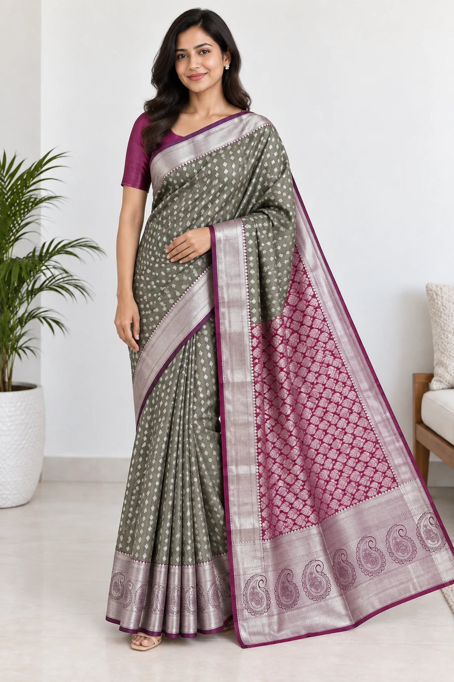 Jivika — Olive Fuchsia Silver Border Saree