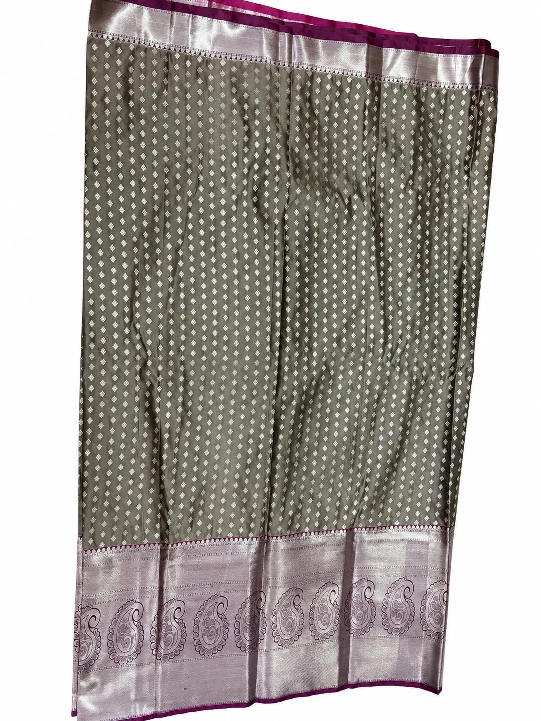 Jivika — Olive Fuchsia Silver Border Saree, retouched garment view on a clean background