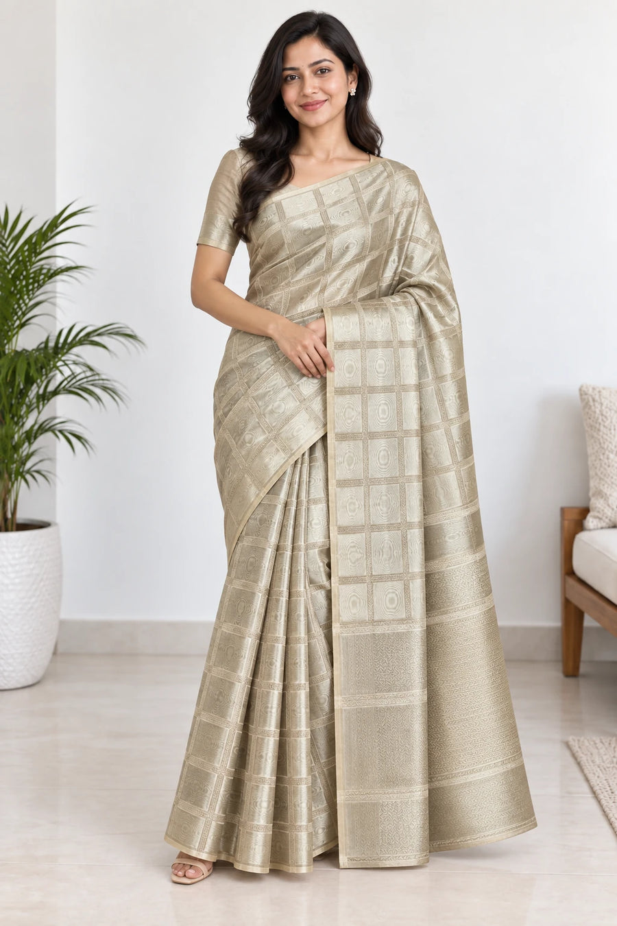 Kalyani — Champagne Check Saree