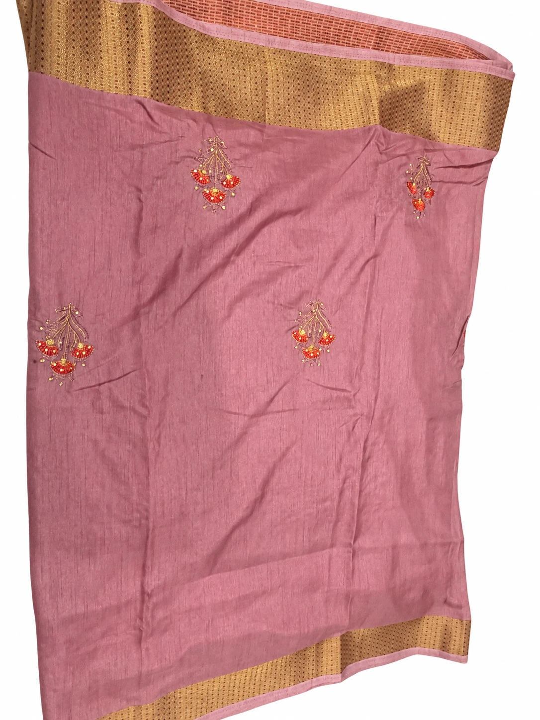 Kavisha — Dusty Rose Sprig Saree, retouched garment view on a clean background