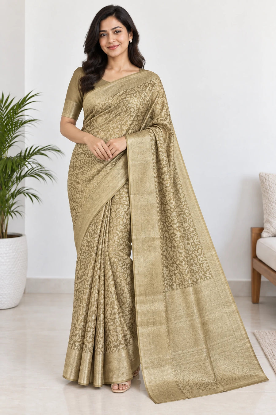 Moksha — Antique Gold Leaf Vine Saree