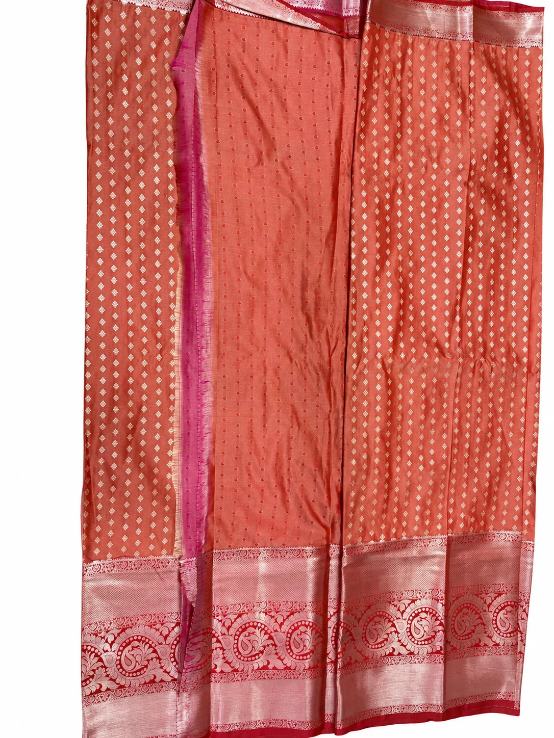 Niharika — Orange Fuchsia Silver Border Saree, retouched garment view on a clean background