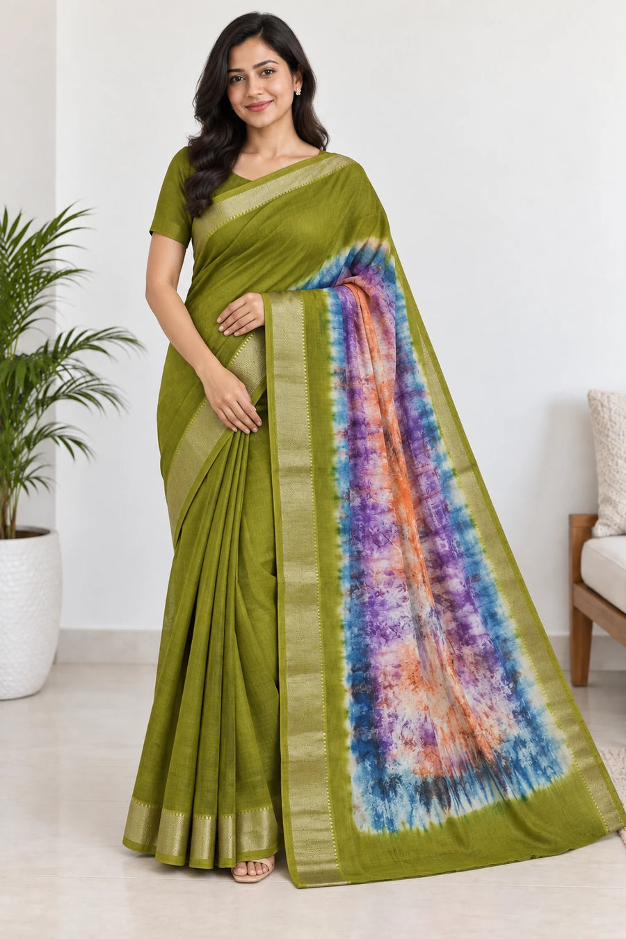 Ojasvi — Olive Multicolour Wash Saree