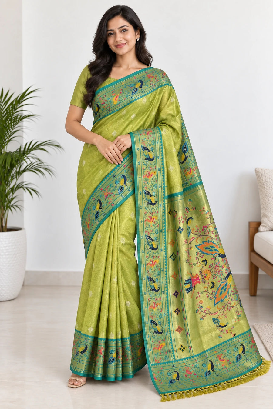 Oviya — Chartreuse Teal Peacock Saree