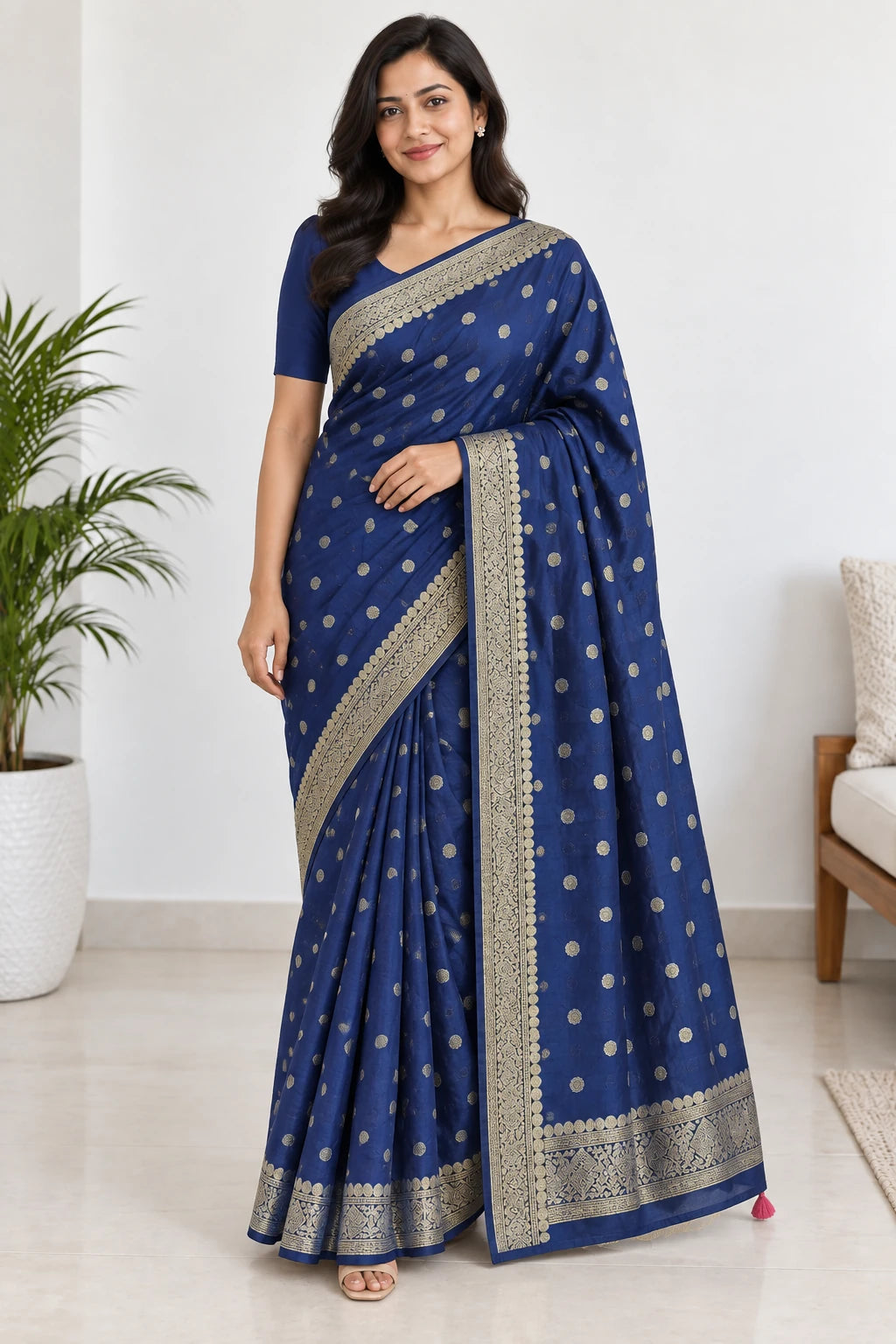Rakshita — Navy Gold Dot Saree, model-worn styling photograph