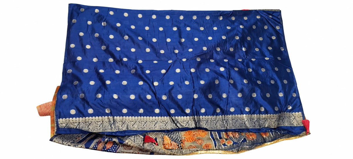 Rakshita — Navy Gold Dot Saree, retouched garment view on a clean background