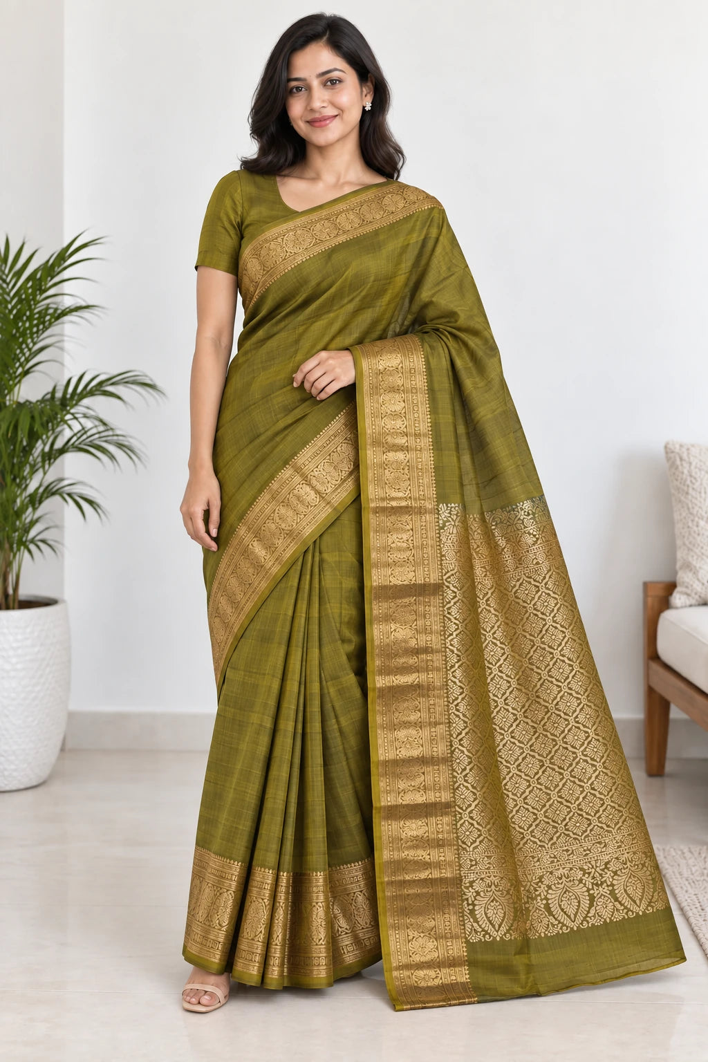Sandhya — Olive Gold Paisley Saree, model-worn styling photograph