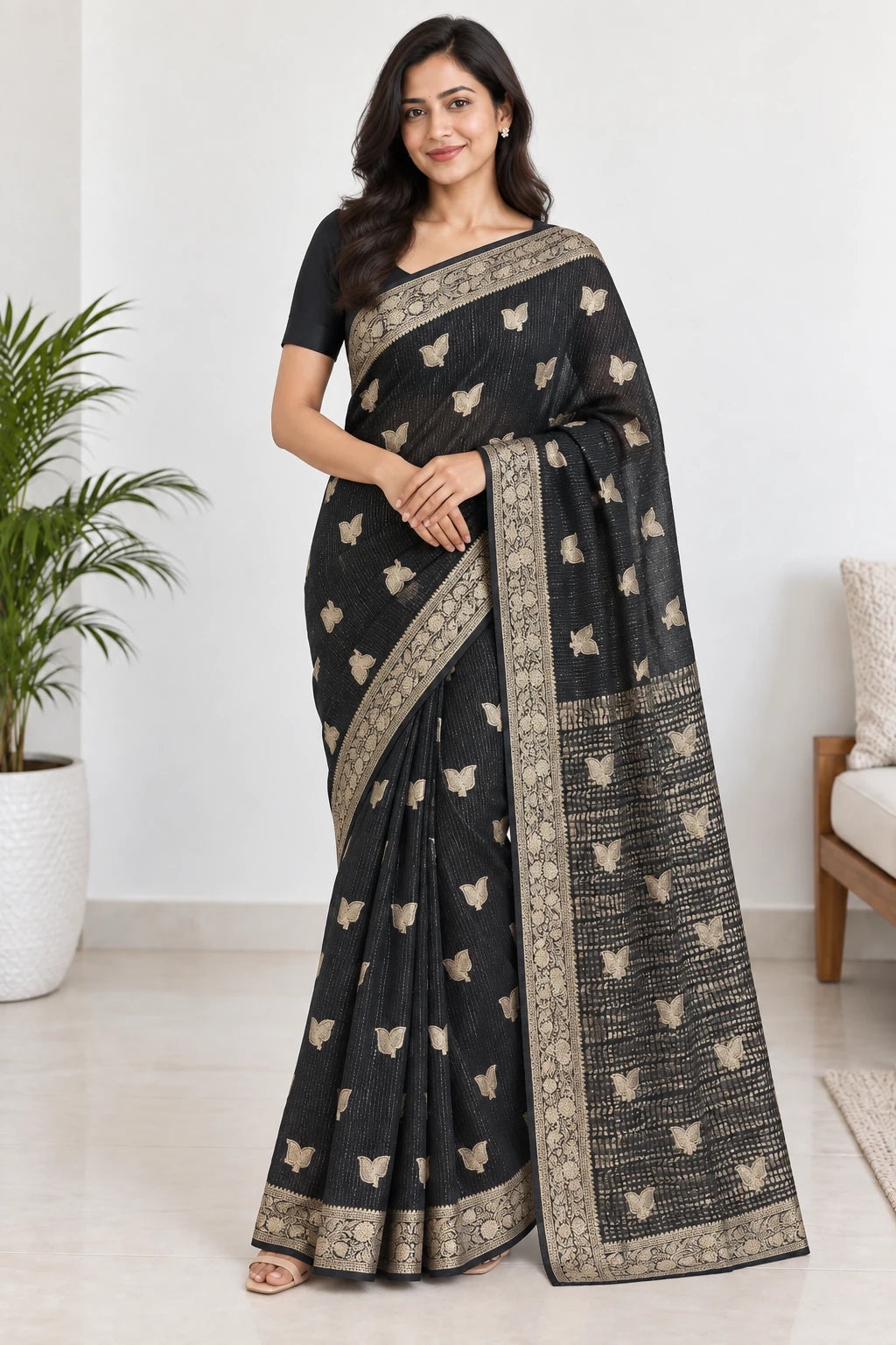 Sravya — Black Gold Butterfly Saree, model-worn styling photograph