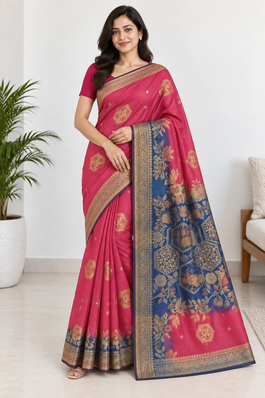 Varsha — Rani Pink Navy Botanical Saree