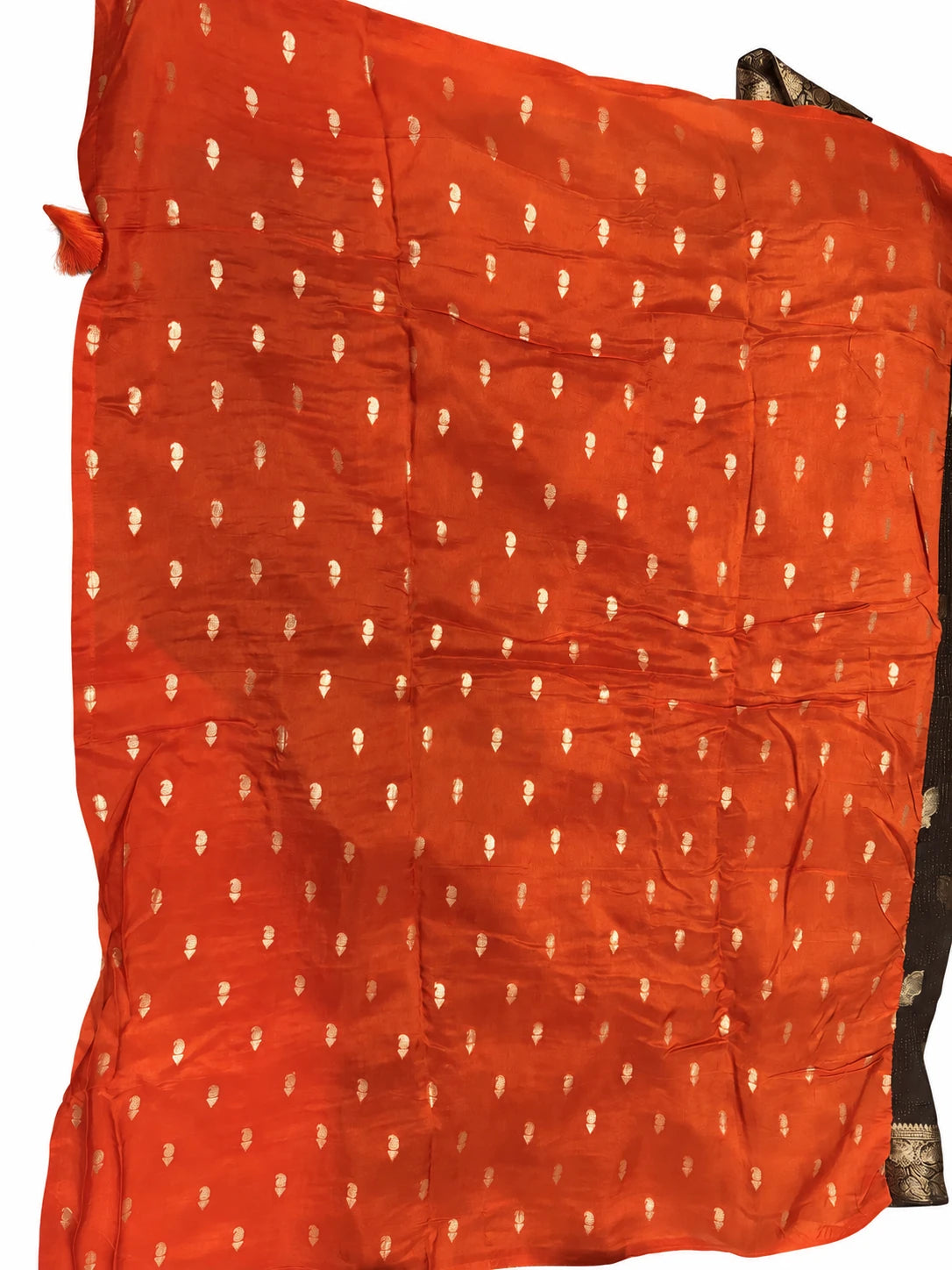 Vasanti — Orange Gold Leaf Saree, retouched garment view on a clean background