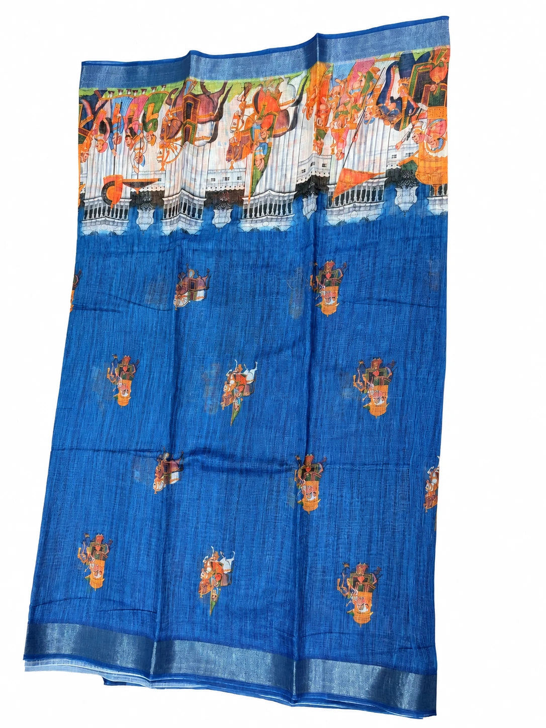 Vihana — Blue Procession Border Saree, retouched garment view on a clean background