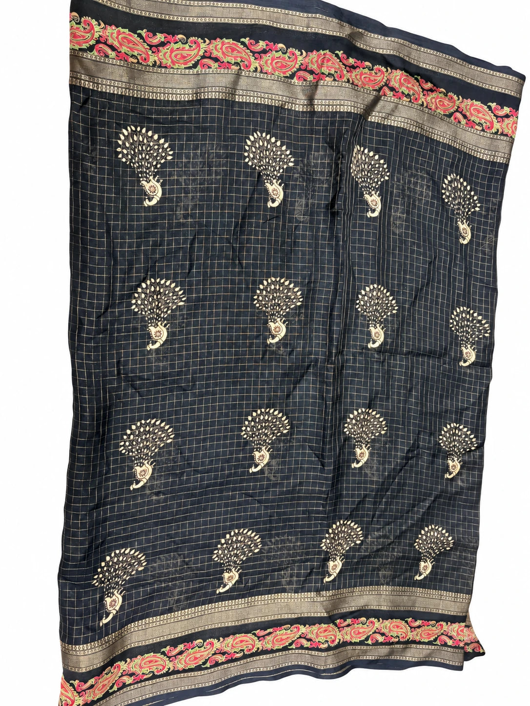 Yukti — Black Paisley Rose Border Saree, retouched garment view on a clean background