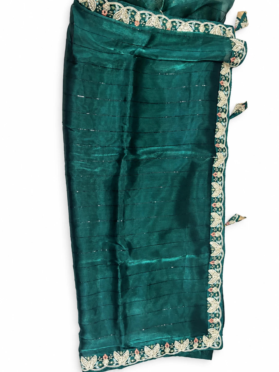 Mandira — Deep Teal Leaf Border Saree, retouched body & leaf border on a clean background
