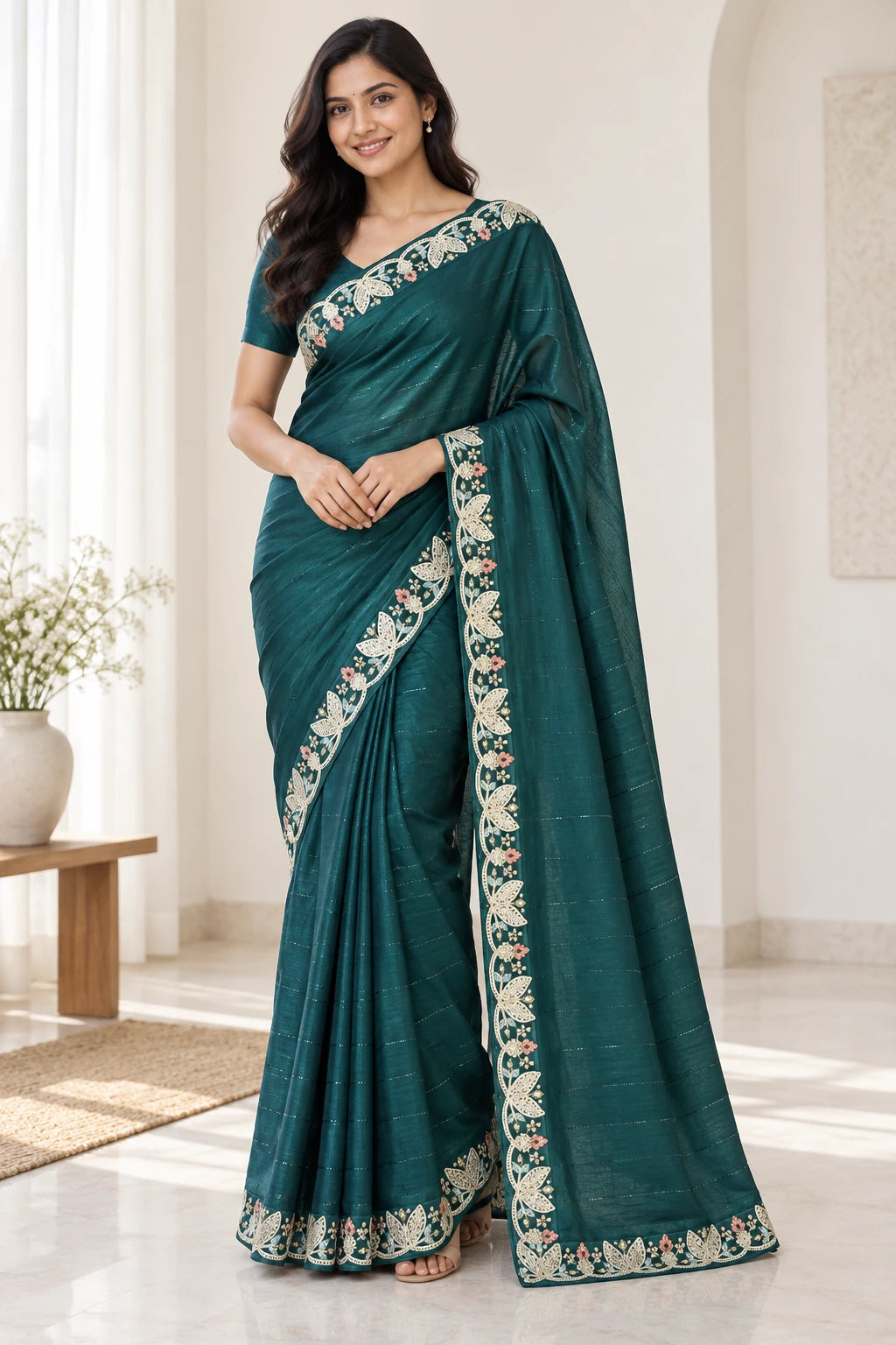 Mandira — Deep Teal Leaf Border Saree, model-worn styling photograph