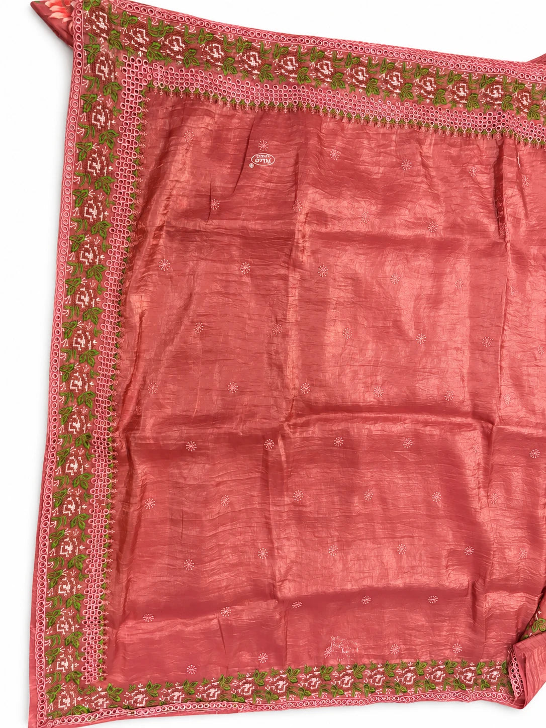 Vaishali — Coral Rose Border Saree, retouched rose border detail on a clean background