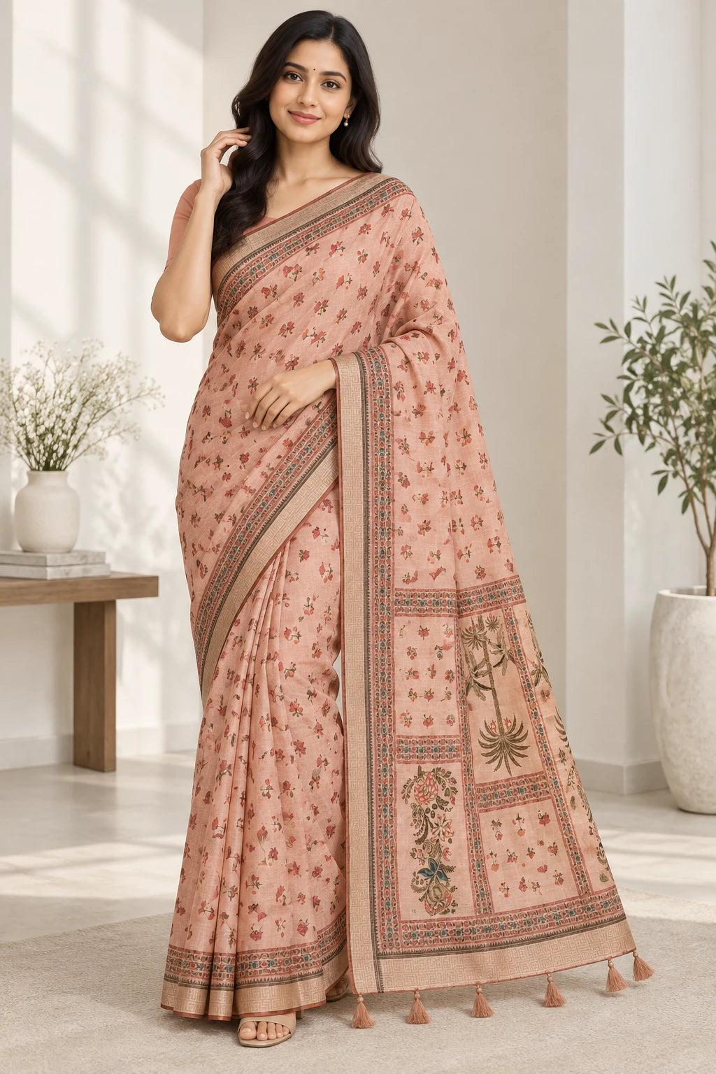 Aishwarya — Peach Botanical Panel Saree, model-worn styling photograph