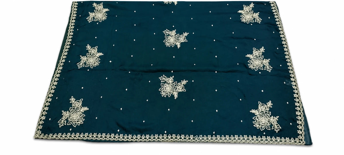 Ameya — Midnight Teal Floral Motif Saree, retouched garment view 1 on a clean background