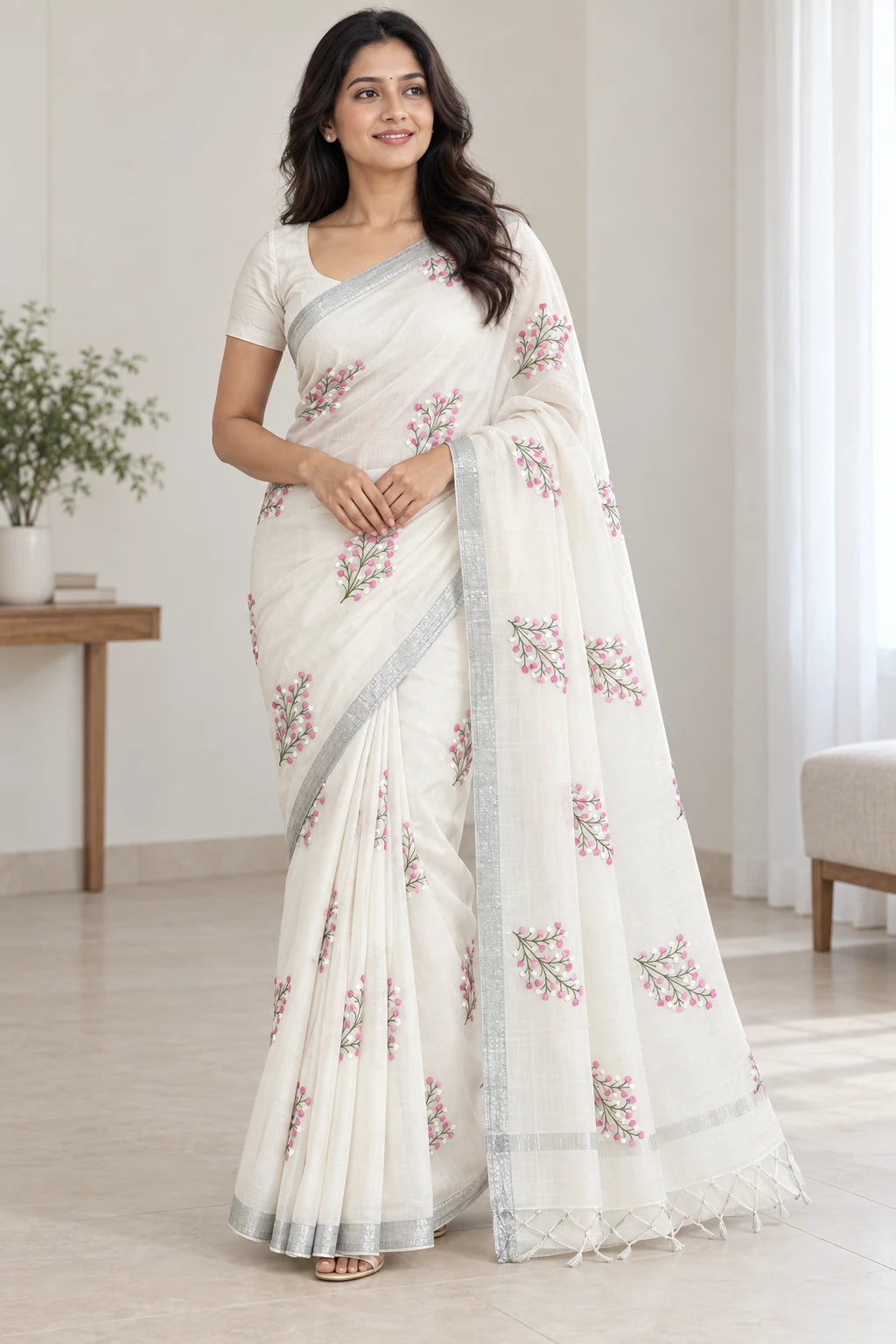 Charulata — Ivory Pink Floral Sprig Saree, model-worn styling photograph