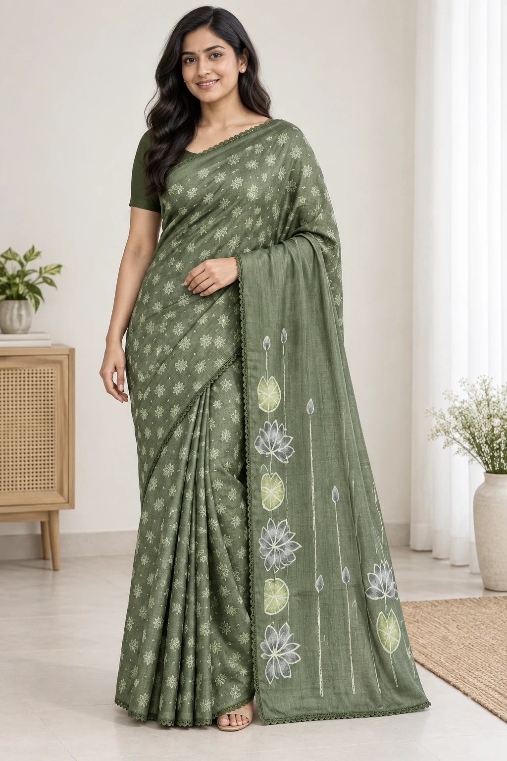 Haripriya — Olive Floral Border Saree, model-worn styling photograph