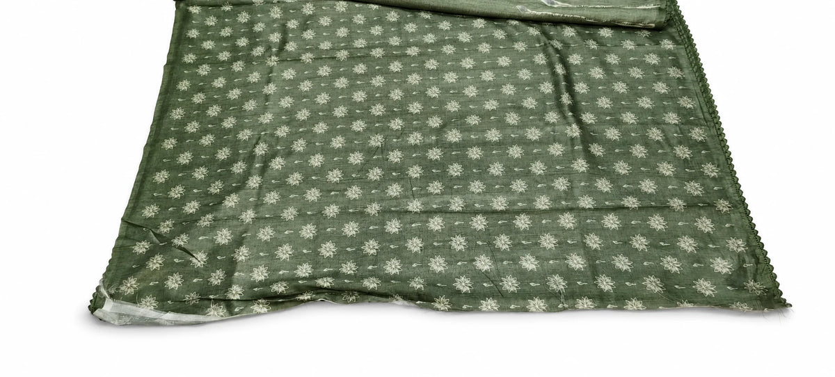 Haripriya — Olive Floral Border Saree, retouched garment view 1 on a clean background