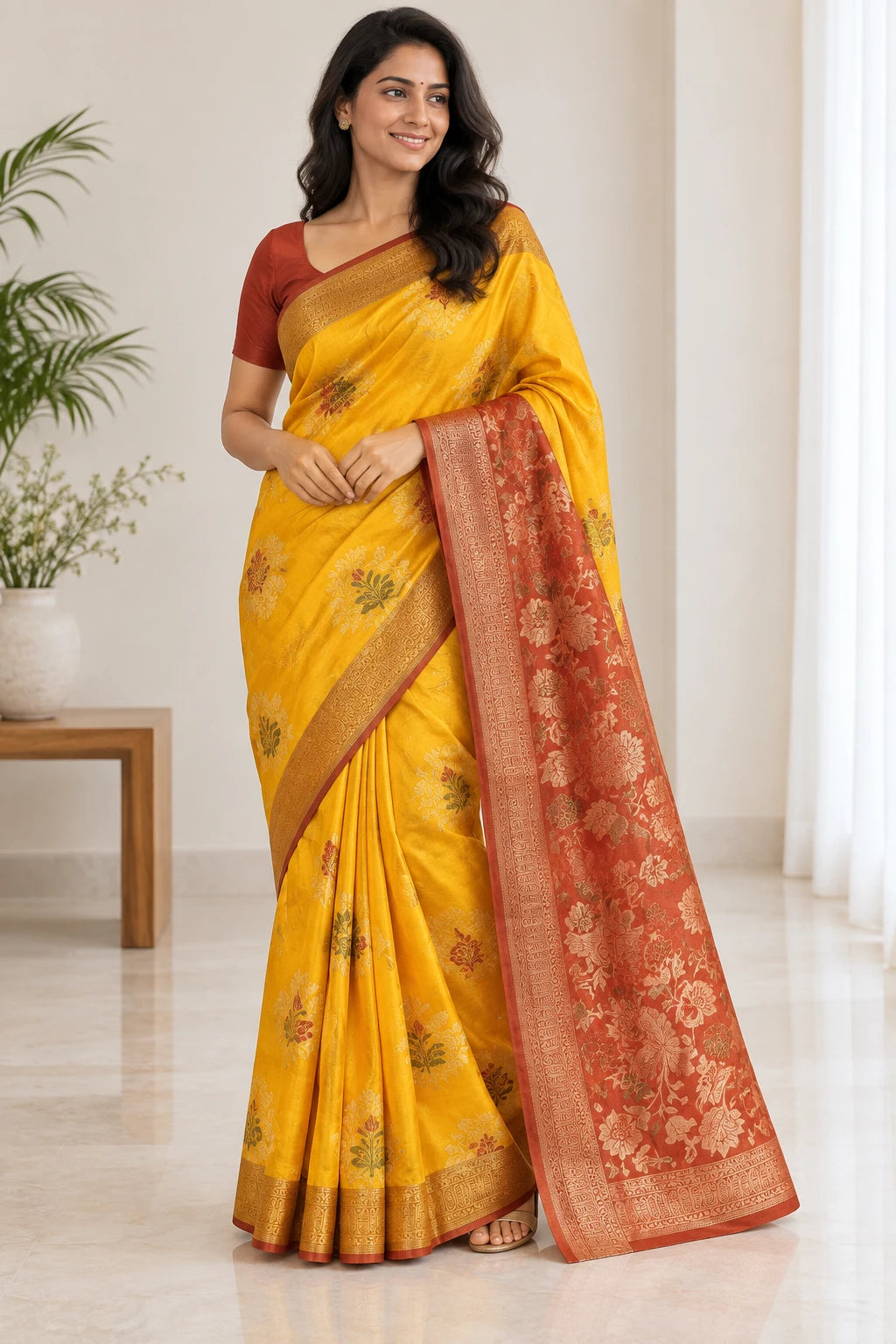 Nandini — Saffron Rust Floral Saree, model-worn styling photograph