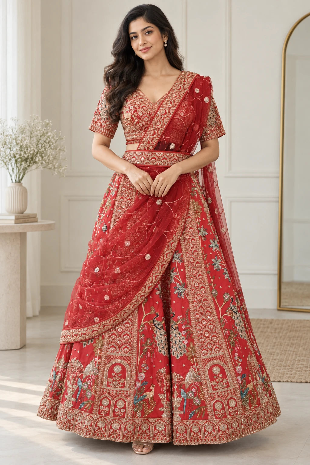 Samriddhi — Vermilion Gold Motif Lehenga Set, model-worn styling photograph