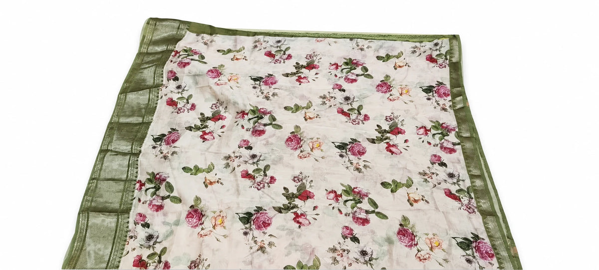 Supriya — Ivory Olive Rose Saree, retouched garment view 1 on a clean background