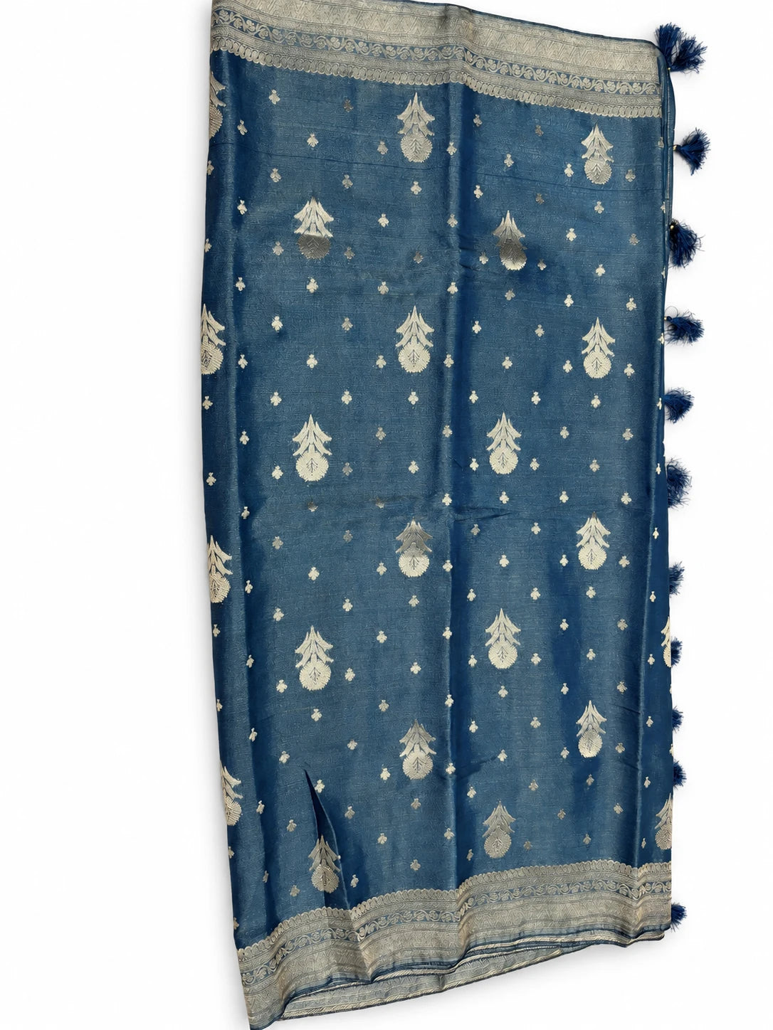 Anjali — Denim Blue Silver Motif Saree, retouched garment view 1 on a clean background