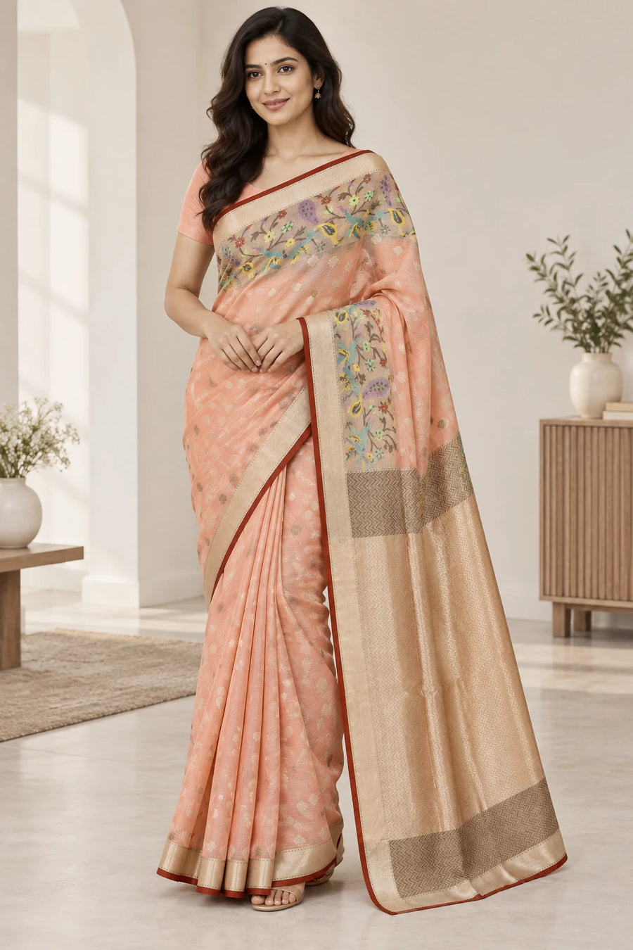 Chandana — Peach Floral Gold Border Saree