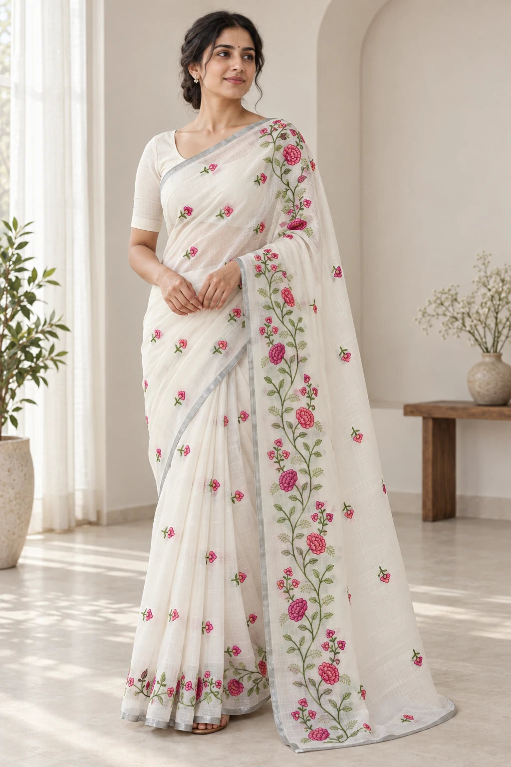 Gayatri — Ivory Rose Vine Saree, model-worn styling photograph