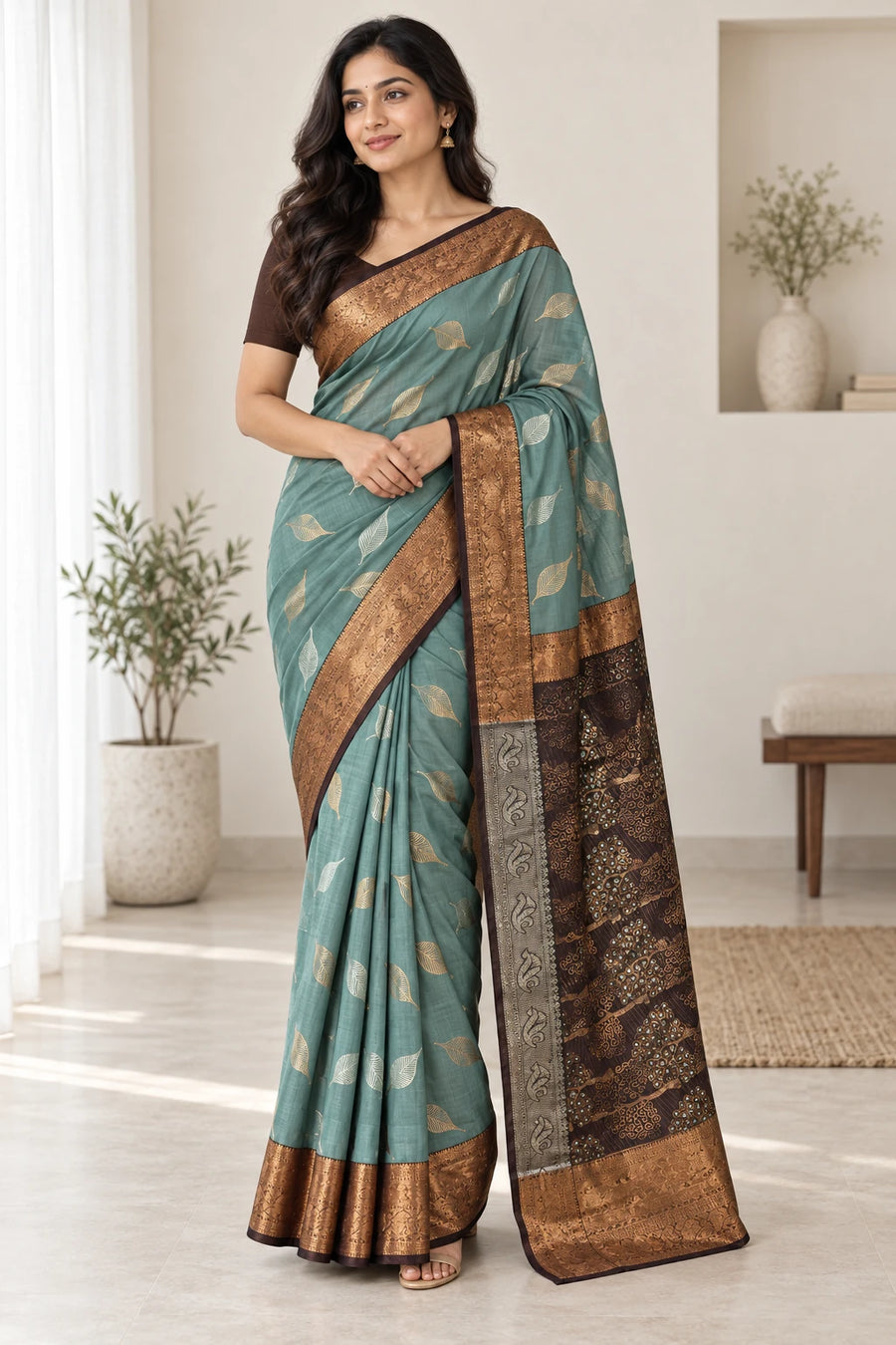 Lakshmi — Sage Copper Leaf Saree