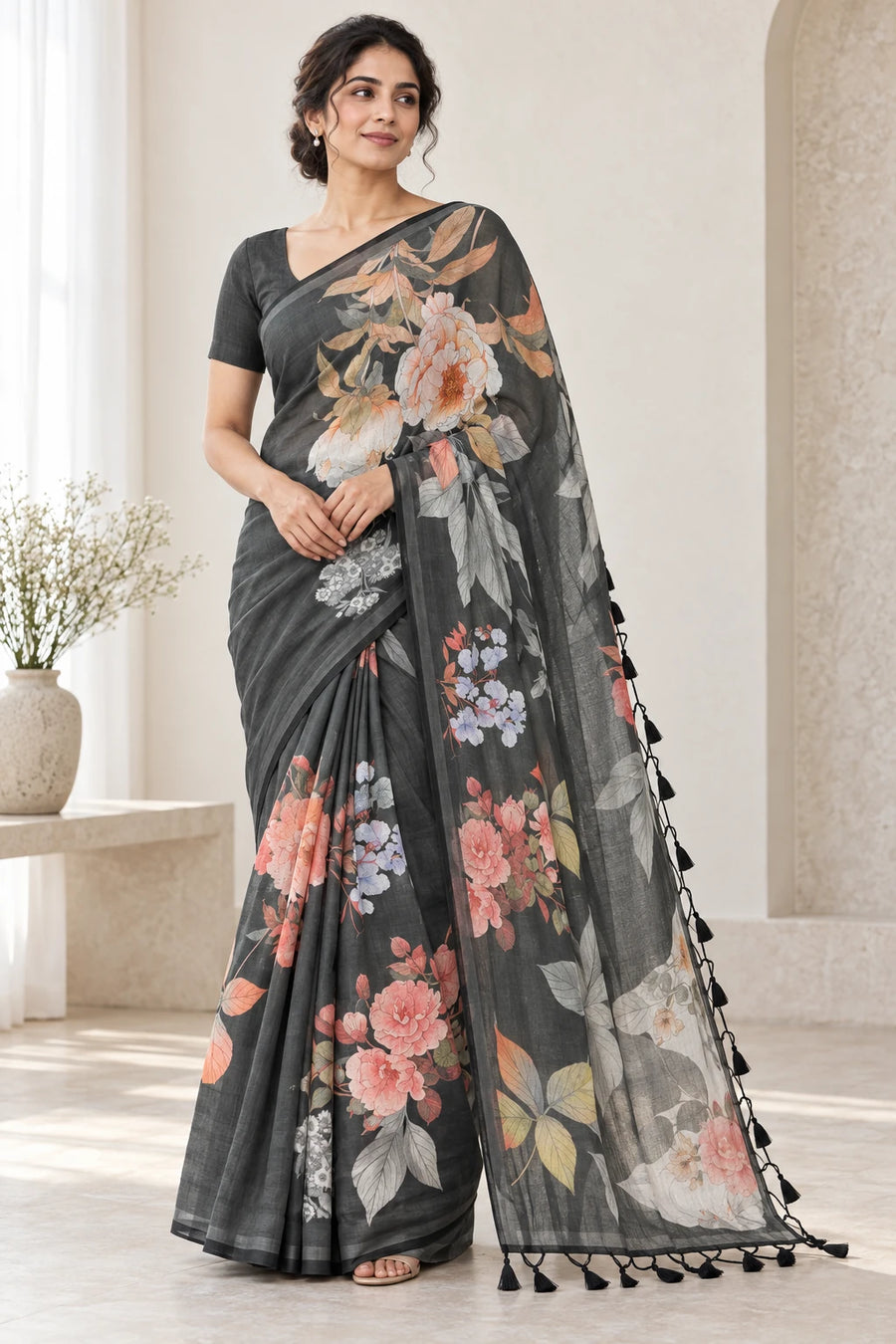 Manisha — Charcoal Floral Saree