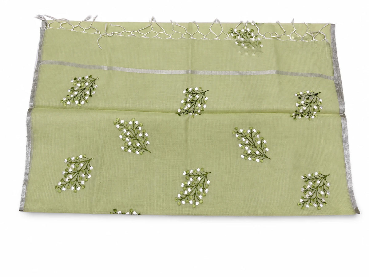 Rachana — Pale Olive Floral Sprig Saree, retouched garment view 1 on a clean background