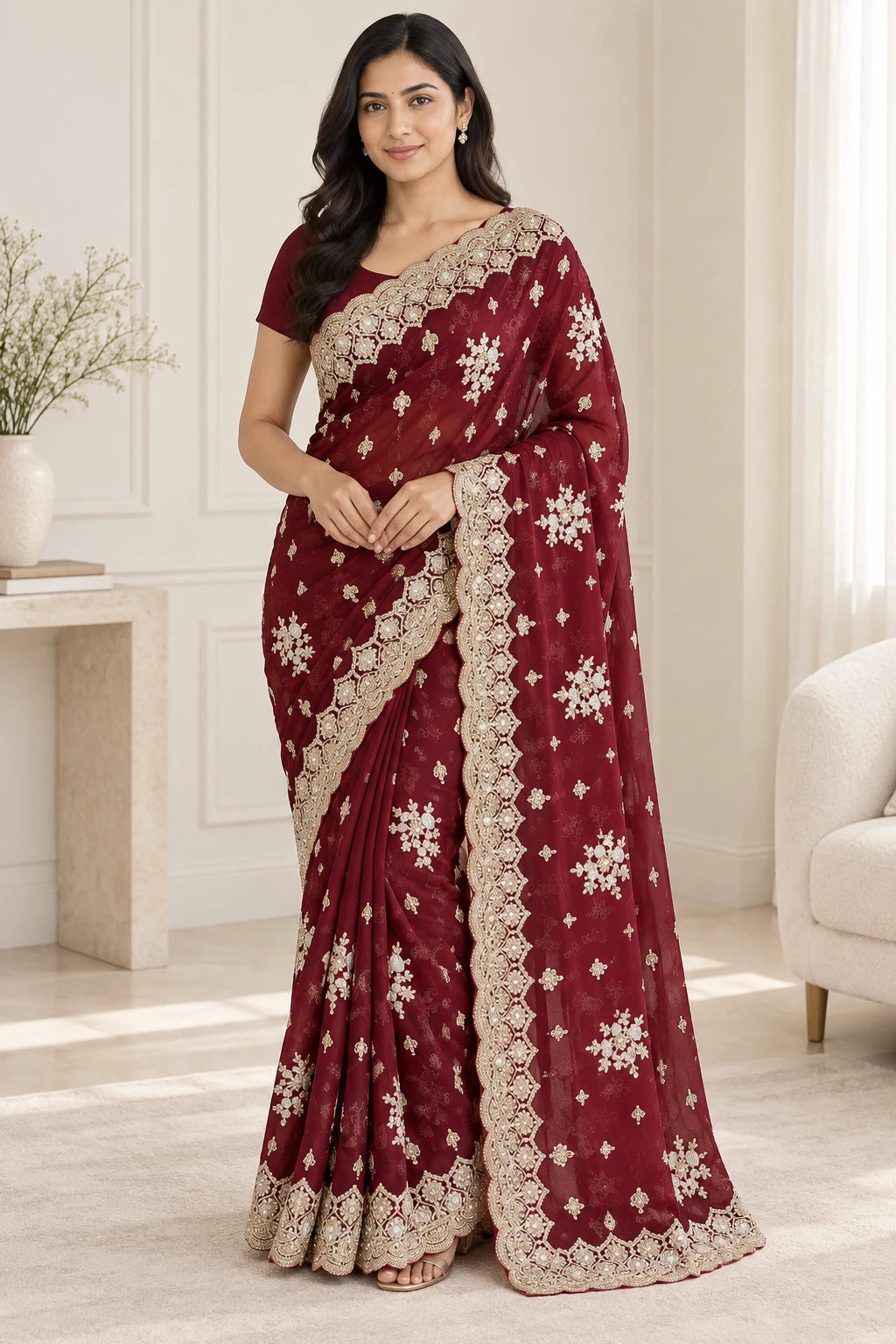 Ramya — Wine Ornate Floral Saree, model-worn styling photograph