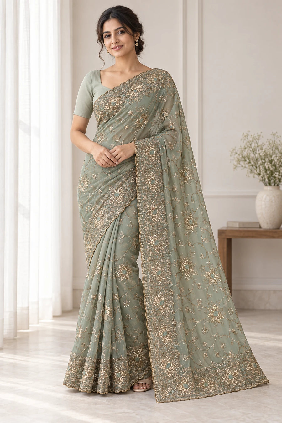 Shreelatha — Sage Floral Scallop Saree
