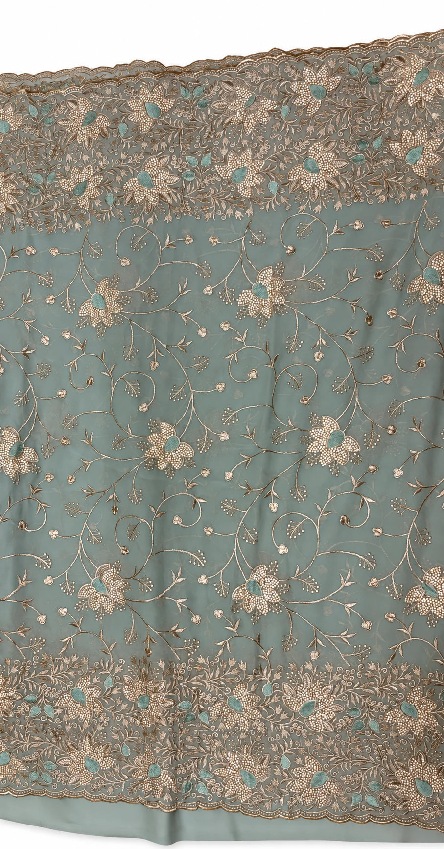 Shreelatha — Sage Floral Scallop Saree, retouched garment view 1 on a clean background