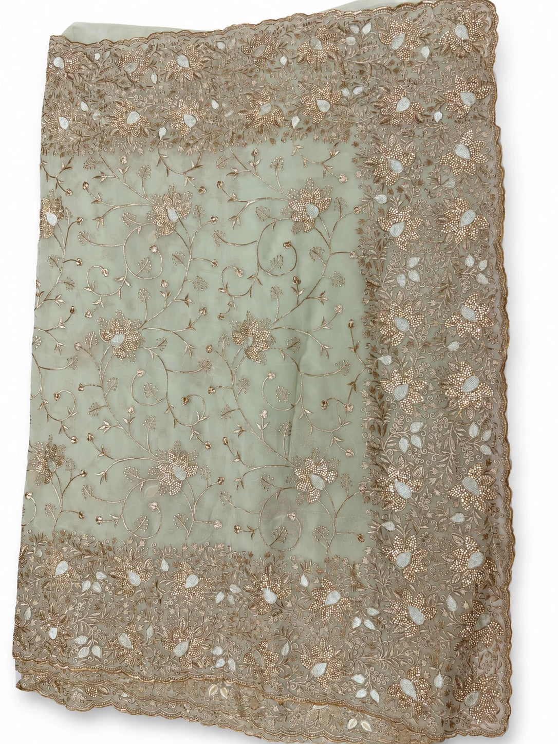 Sowmya — Mint Ivory Floral Scallop Saree, retouched garment view 1 on a clean background