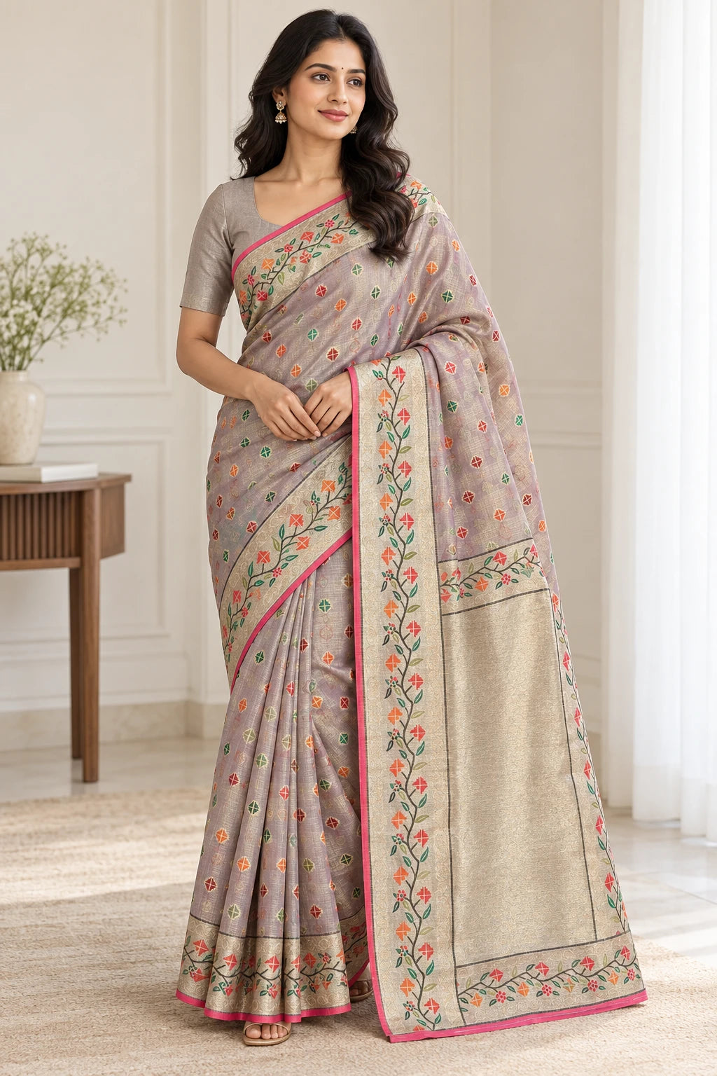 Damini — Silver Floral Border Saree, model-worn styling photograph