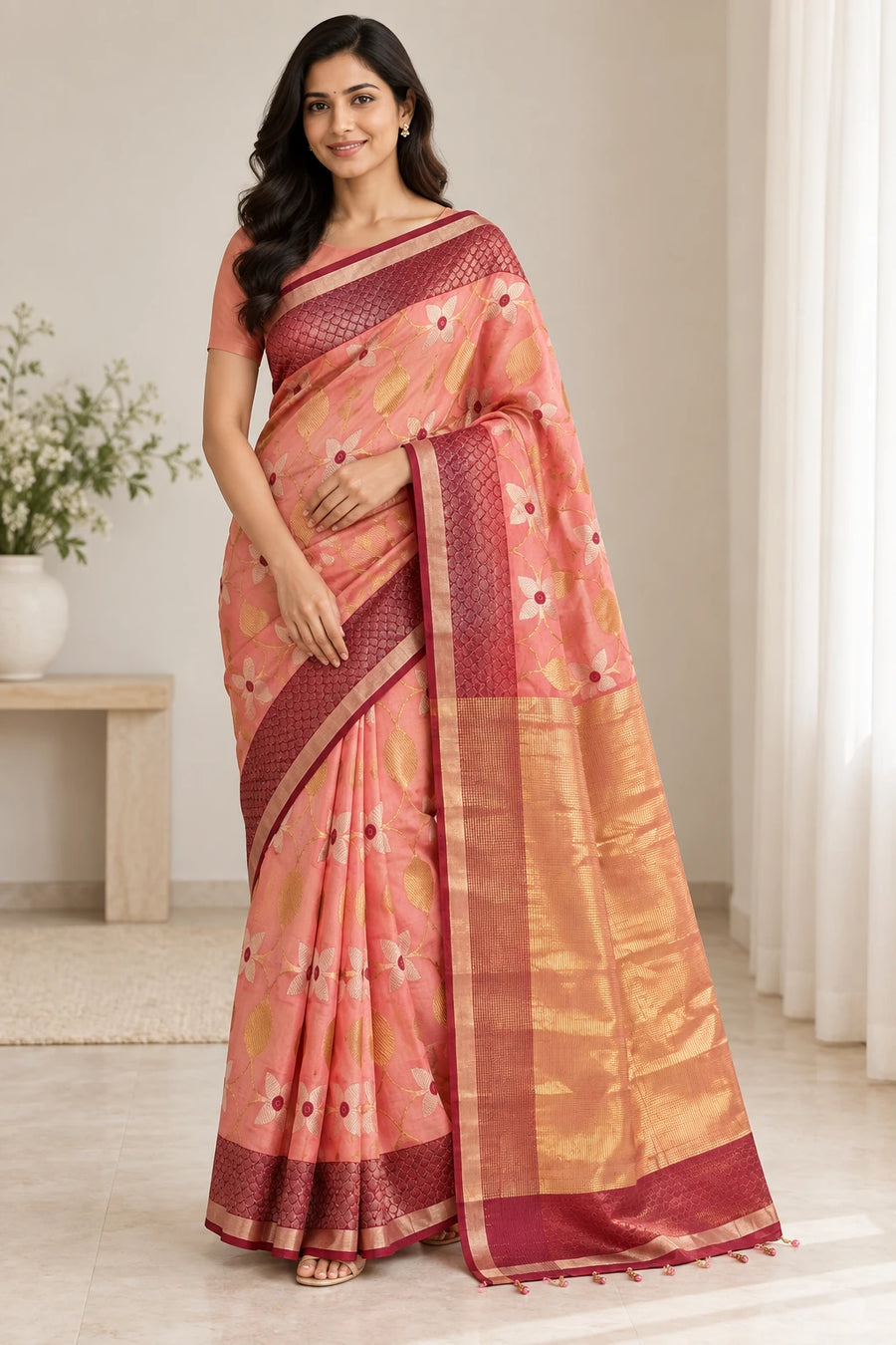 Gauri — Peach Gold Leaf Saree