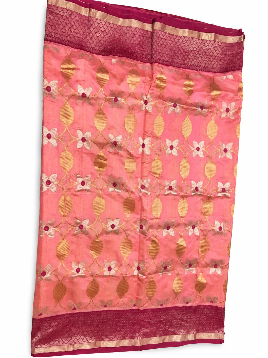 Gauri — Peach Gold Leaf Saree, retouched garment view 1 on a clean background