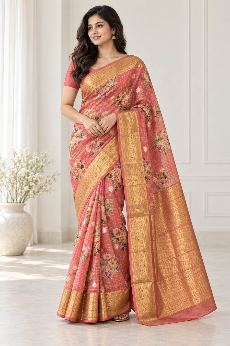 Keerthana — Coral Bouquet Gold Border Saree