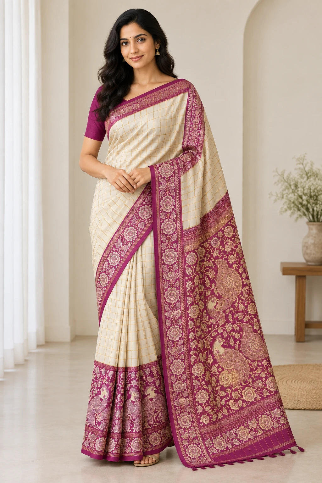 Rajeshwari — Ivory Magenta Ornamental Saree, model-worn styling photograph