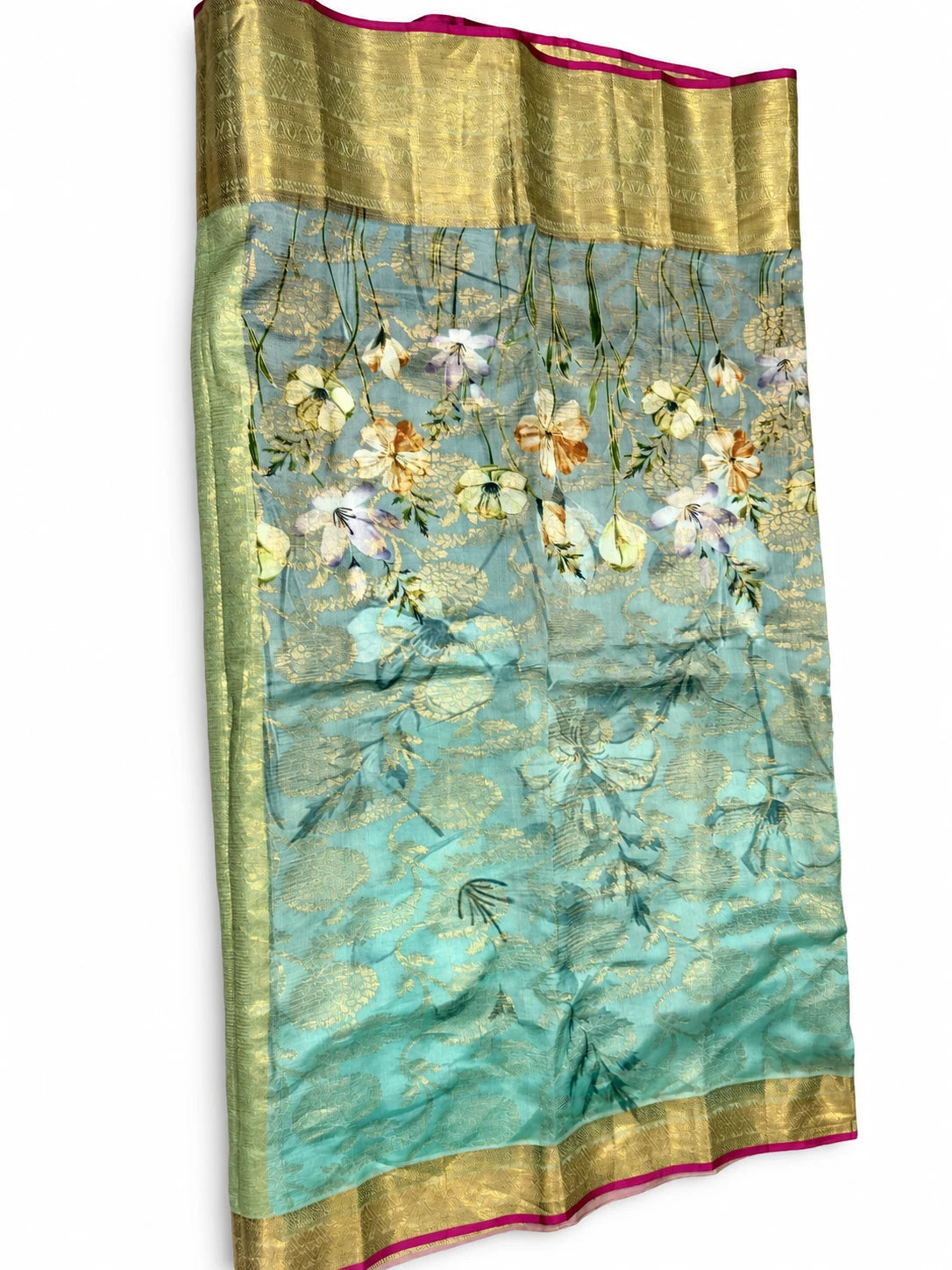Sangeetha — Aqua Floral Gold Border Saree, retouched garment view 1 on a clean background