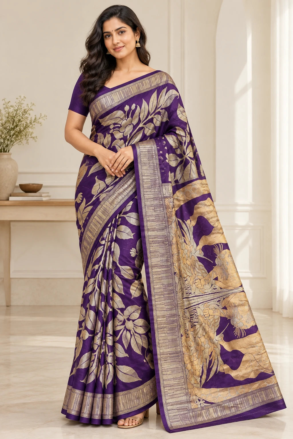 Saraswati — Violet Gold Botanical Saree, model-worn styling photograph